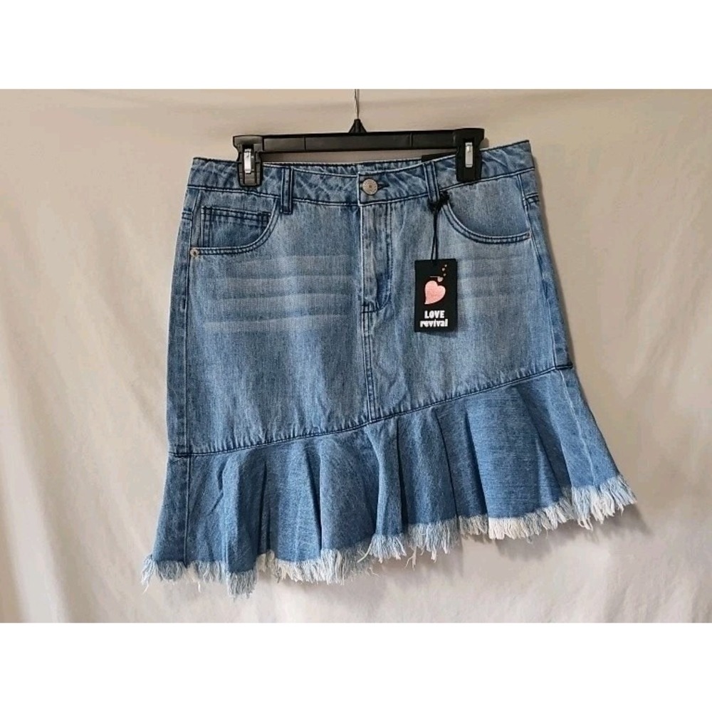 Love Revival Asymmetrical Ruffle Cut Off Fringe Hem Skirt Denim Ripped Festival